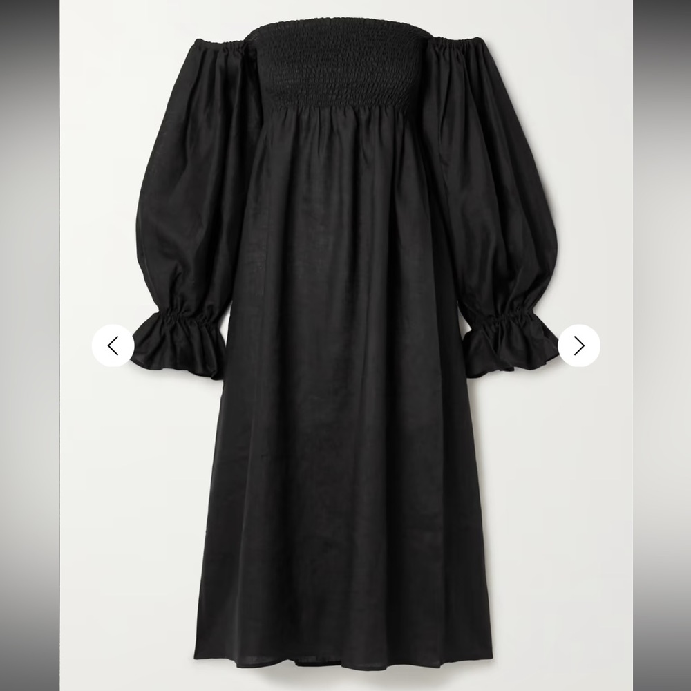 Sleeper black linen Atlanta dress - smocked bodice - billowed sleeves - size S